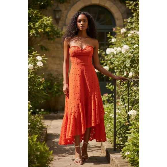 Astr Dresses & Skirts - Astr Orange Strapless Eyelet Midi Dress